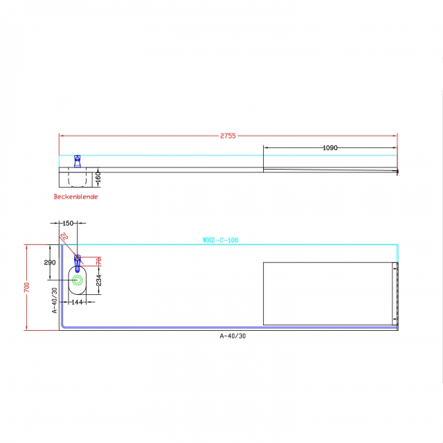 Abdeckung Abwaschen, 2755 x 700 x 40 mm